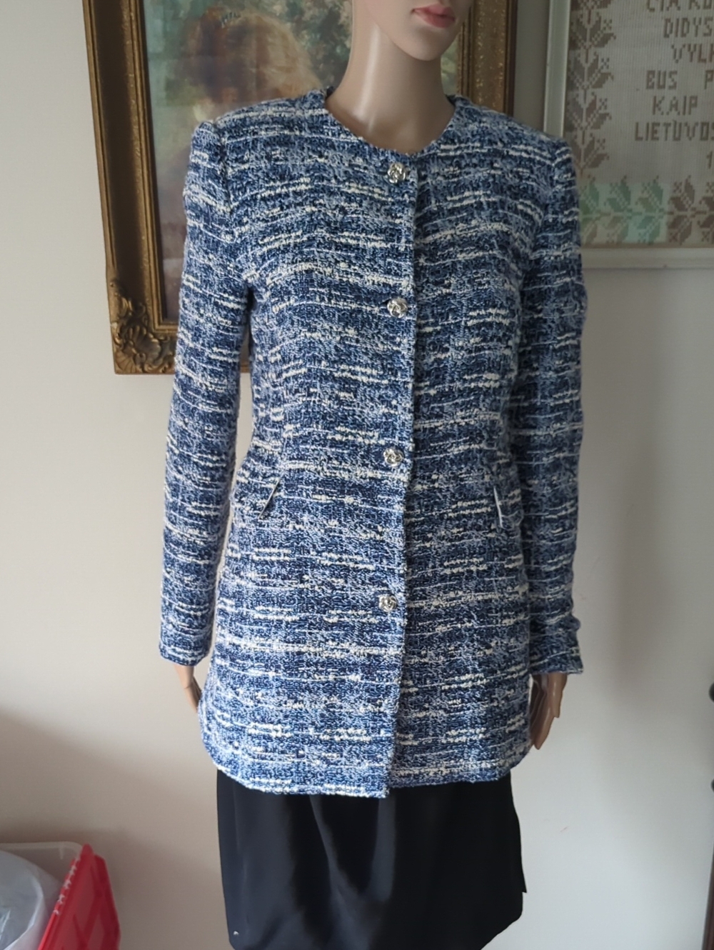 Zara Navy and White Tweed Long Blazer